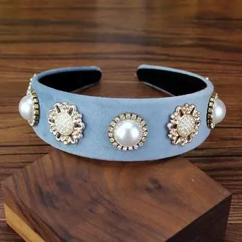 ручная работа простой кристалл и жемчуг светло-голубая повязка на голову широкая бархатная повязка для волос для девочек женщин модные аксессуары для волос