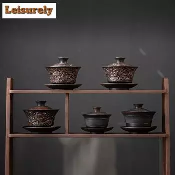 Ручная работа Qingxi фиолетовая керамика гайвань укладка резьба три таланта чай супница китайская крышка для заваривания чая чаша чайные сервизы подарок