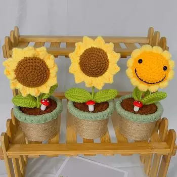 Ручная работа, ручной вязаный подсолнух, милое вязаное крючком растение в горшке, украшения для дома, готовые вязаные цветы, подарок на свадьбу, улыбка, лицо