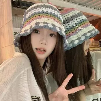 Ручная работа~ шляпа-ведро из нишевой цветной хлопчатобумажной нити, вязаная шапка с бантом, шляпа-ведро M56-58cm