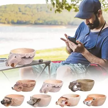 Ручная резная деревянная кружка с изображением головы животных для путешествий на открытом воздухе, кемпинга D