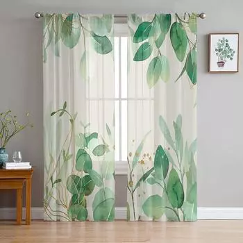 Ручная роспись акварельные листья растения тюлевые шторы для гостиной прозрачные занавески для спальни кухонные жалюзи вуали шторы 135W x 114H(cm)