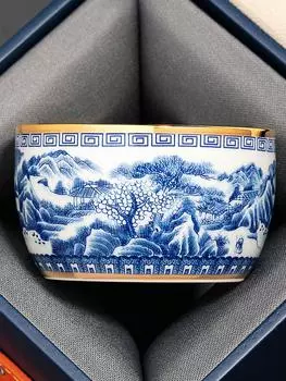 Ручная роспись, сине-белая пейзажная мастер-чашка, инкрустированная золотом, керамический чайный сервиз кунг-фу, чайная чашка, специальная чайная чаша высокого класса 150ml