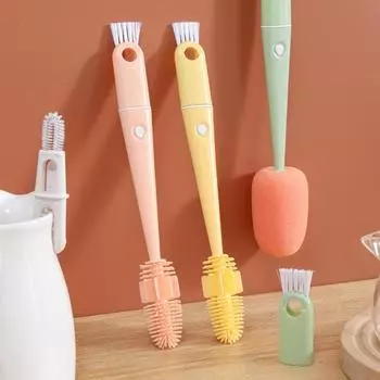 Ручная щетка для бутылок с двойной головкой, щетка для тщательной очистки, силиконовая губка, бытовая щетка для стеклянных чашек, инструменты для чистки с длинной ручкой