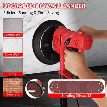 Ручная шлифовальная машина для гипсокартона 850 Вт, электрическая шлифовальная машина с 12 шлифовальными дисками, регулируемая скорость 1500-2600 об/мин, настенная шлифовальная машина с автоматическим управлением красный
