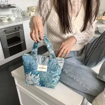 Ручная сумка Bento с французским тиснением и цветочным узором, женская простая портативная сумка-тоут, повседневная прогулочная сумка