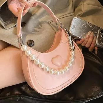 Ручная сумка с жемчугом для женщин, новинка 2024 года, модная корейская сумка подмышками, высококачественная сумка через плечо в западном стиле, сумка New Moon
