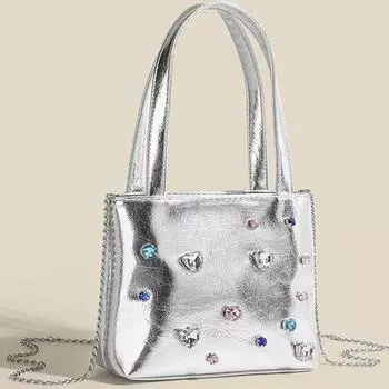 Ручная сумка со стразами для женщин, новая модная серебристая сумка-тоут из искусственной кожи на молнии в стиле ретро, сумка через плечо для мобильного телефона Mini(Max Length<20cm)