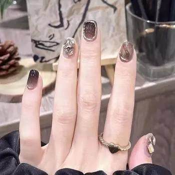 РУЧНАЯ РАБОТА Искусственные ногти для фототерапии Ногти с кристаллами шампанского Просверленные ногти Темно-черные размазанные накладные ногти Готовые 1pcs jelly glue