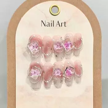 РУЧНАЯ РАБОТА Искусственные ногти Кристалл Роза Жемчужная цепочка Румяна Градиент Средний Трапециевидный набор накладных ногтей с клеем Многоразовый и съемный пресс для ногтей XS