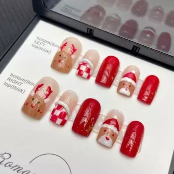 РУЧНАЯ РАБОТА Ногтей Рождественские нарисованные вручную снежинки Санта-дерево Лось Фототерапия Ногти Многоразовые и съемные ногти 1pc Transparent Box