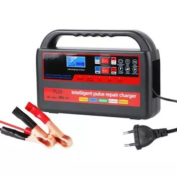 Ручное интеллектуальное импульсное быстрое зарядное устройство 12 В / 24 В для автомобильного мотоциклетного аккумулятора с цифровым ЖК-дисплеем и автоматическим импульсным ремонтом чёрный