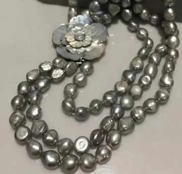 Ручное НОВОЕ 3-рядное завязанное осенне-зимнее ожерелье 8-9 мм из натурального серого пресноводного жемчуга