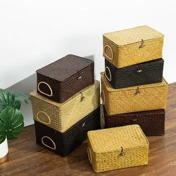 Ручное плетение корзин из водорослей с крышкой, прямоугольная корзина, плетеный ящик для хранения с ручкой, домашний органайзер для спальни чёрный