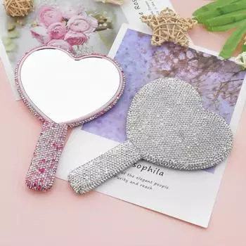 Ручное зеркало для макияжа с бриллиантами Love Heart Mirror с женской ручкой для макияжа Косметические инструменты для красоты Ручное зеркало для макияжа для девочек чистый