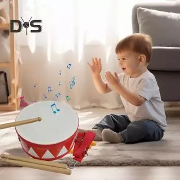Ручной барабан для малышей с 2 молоточками, регулируемый ремень, деревянный детский двухсторонний поясной барабан, обучающий ударный инструмент, музыкальная игрушка красный