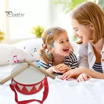 Ручной барабан для малышей с 2 молоточками, регулируемый ремень, деревянный детский двухсторонний поясной барабан, обучающий ударный инструмент, музыкальная игрушка красный