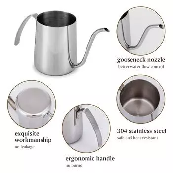 Ручной чайник из нержавеющей стали на 350 мл, чайник для капельного кофе, чайник для заваривания кофе, чайник для чая серебряный