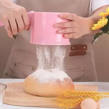 Ручной фильтр для муки Пластиковое сито для выпечки Профессиональный ручной просеиватель муки Сахарная пудра розовый