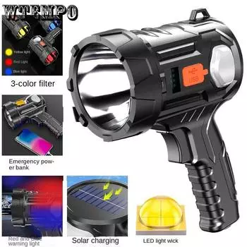 Ручной фонарик, уличный светодиодный мощный прожектор, солнечный перезаряжаемый удобный светильник для дома, портативное освещение чёрный