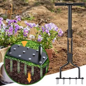 Ручной инструмент с шипами для аэратора для газона с 15 шипами. Нескользящая конструкция ручки. Разрыхление почвы. Инструмент для аэрации садовой травы. Ручной аэратор для воздуха. чёрный