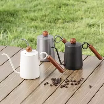 Ручной кофейник для заваривания кофе, заварочный чайник с кольцом и деревянной ручкой, нержавеющая сталь, капельный чайник с тонким горлышком, ручная кофемашина для заваривания кофе
