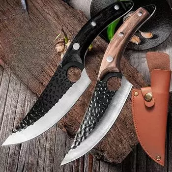 Ручной кованный нож для разделки мяса, малый кухонный нож-скота для разделки мяса и рыбы, тесак для мяса из нержавеющей стали 5Cr15, кухонный нож without cover коричневый