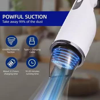 Ручной пылесос перезаряжаемый 6300 Па мощный всасывающий ручной пылесос беспроводной с фильтром низкий уровень шума для домашнего офиса чёрный