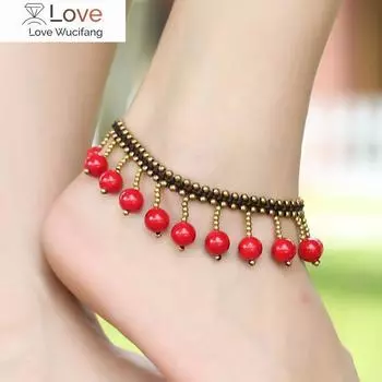 Ручной работы плетеные браслеты на щиколотку сандалии обувь невесты босиком пляжные винтажные кисточки красные бусины браслеты на щиколотку для женщин йога украшения 24cm красный