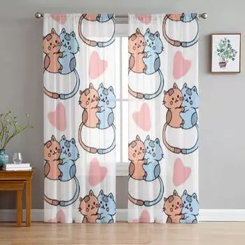 Ручной рисунок милые котята прозрачные шторы для гостиной детская спальня тюлевые шторы кухонные оконные шторы 135W x 114H(cm)