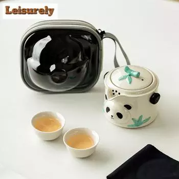 Ручной рисунок милый панда портативный дорожный чайный набор креативный 1 чайник 2 чашки заваривание чая фарфоровый чайный набор аксессуары для сумочки ремесло