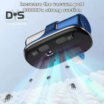 Ручной вакуумный пылесос для удаления пылевых клещей 13000 Па, сильное всасывание, низкий уровень шума, беспроводной перезаряжаемый пылесос для матрасов с УФ-светом 2 синий