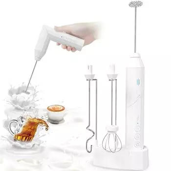 Ручной вспениватель молока, перезаряжаемая насадка для вспенивания кофе через USB-C, миксер для напитков с зарядной базой и 3 насадками, 3 регулируемые скорости Gift Box белый