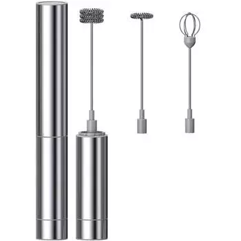 Ручной вспениватель молока с тремя слоями венчика - работающий от батареи электрический пенообразователь для кофе, латте, горячего шоколада серебряный