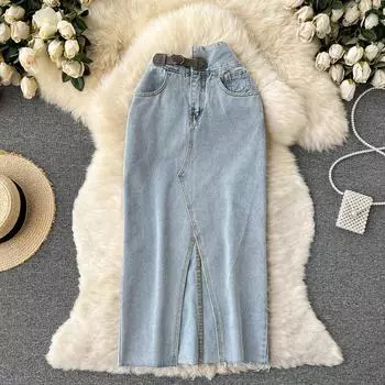 RUDOD Джинсовая юбка с высокой талией, женская весна-лето, новый дизайн Sense, средней длины, нерегулярный разрез, А-образная трендовая юбка с запахом на бедрах