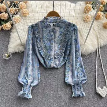 RUDOD весенняя новая французская милая темпераментная рубашка с пышными рукавами, женская рубашка в стиле ретро с принтом и воротником-стойкой, топ в иностранном стиле