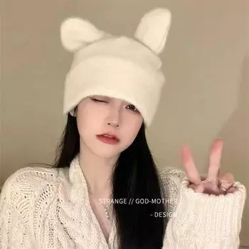 Ruffian young hat cute rabbit ears wool hat women s autumn and winter warm knitted ruffian young hat M56-58cm чёрный
