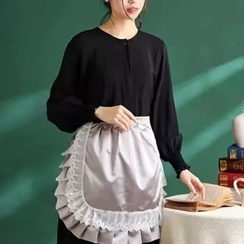 Ruffle Lace Trim Half-Waist Apron Solid Color Cooking Waist Bib Polyester Apron Women синий