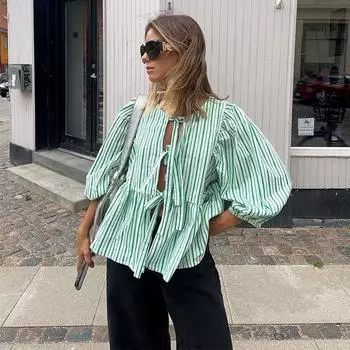 Ruffle Stripe Bow Lace Up Blouse Loose Long Puff Sleeve Blouse Summer Bow Tied Tops Ladies L красный