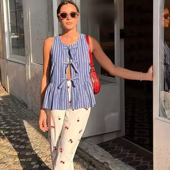 Ruffle Summer Bow Tied Shirts Tops Crew Neck Loose Chic Puff Sleeveless Blouse Tops Ladies XL