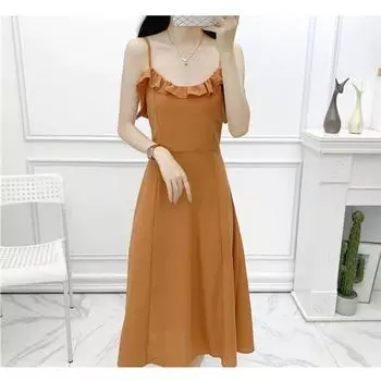 Ruffled Sexy Lacing High Waisted Neckline Dress Orange M