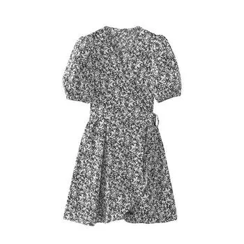 Ruffles Tight Waist V-neck Dress Women Jnleaog Homemade Fashion Style French Style Vintage Floral A- line Short Skirt Summer Black and White S