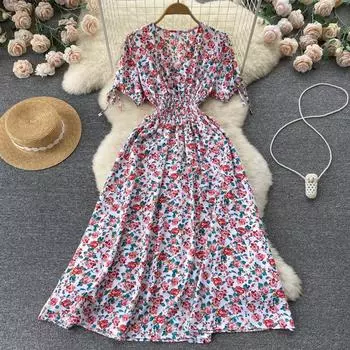 RUGDO французское чайное платье First Love с цветочным принтом, женское летнее новое тонкое платье трапециевидной формы с высокой талией и v-образным вырезом