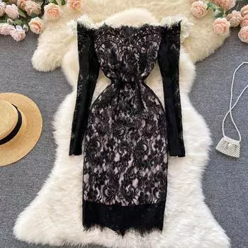 RUGOD 2022 Банкетное вечернее платье с веером богини на одно плечо Кружевное платье с тонкой талией Тонкая упаковка Хип-платье S чёрный