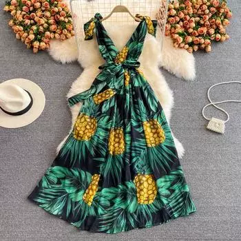 RUGOD 2022, длинное платье без рукавов с v-образным вырезом и принтом, в праздничном стиле, облегающее, темпераментное, с высокой талией, летнее платье S зелёный