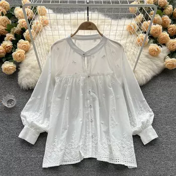 RUGOD 2022, корейская кружевная рубашка с вышивкой, женская свободная белая рубашка с круглым вырезом и длинными рукавами, весенний дизайн, свободная белая рубашка
