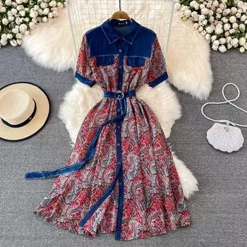 RUGOD 2022, легкое длинное платье в привычном стиле, джинсовая строчка, однобортное платье с принтом на талии и лацканами