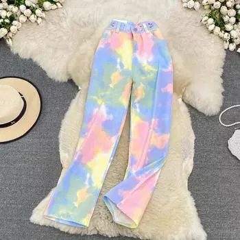 RUGOD 2022 Lente Nieuwe повседневные джинсы с принтом тай-дай Rainbow Roze Vrouwen Taille Afslanken Hoge Taille Rechte Pijpen Broek