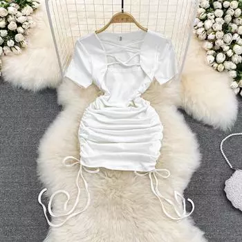 RUGOD 2022, летнее дизайнерское тонкое платье с квадратным вырезом для девочек, сексуальное платье с короткими рукавами и завязками на бедрах, короткое платье One Size чёрный