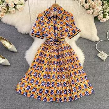 RUGOD 2022 летнее европейское платье с лацканами на талии, тонкое клетчатое плиссированное платье трапециевидной формы с принтом, элегантное большое свободное длинное платье